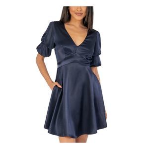 Speechless | Dresses | Speechless Womens Navy Satin Pouf Sleeve Short Party  Fit Flare Dress Juniors | Poshmark